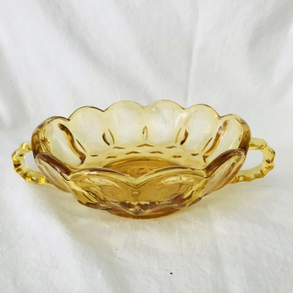 Vintage Amber Glass Bowl Snack Display candy scalloped rim double handle Paneled pattern farmhouse collectible display glass