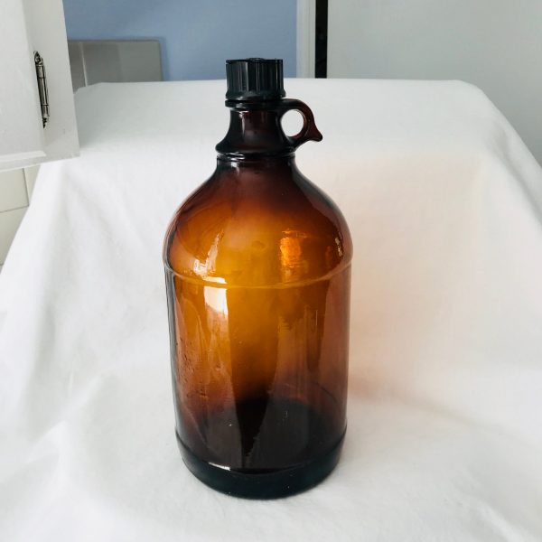 Vintage Amber glass Upjohn One Gallon Bottle with Bakelite Lid Wine Making Pharmacy Pharmaceutical Medical Drug store Jar