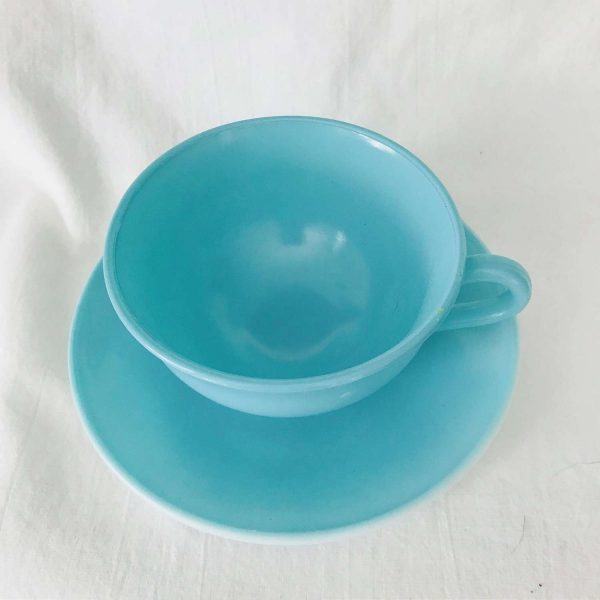 Vintage Aqua Milk Glass tea cup and saucer rimmed round bottom collectible farmhouse display coffee tea Anchor Hocking 1940's
