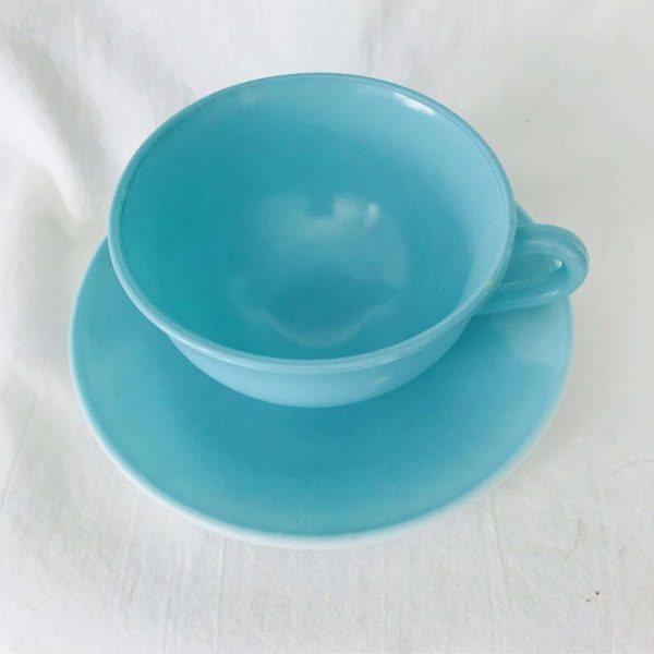 Vintage Aqua Milk Glass tea cup and saucer rimmed round bottom collectible farmhouse display coffee tea Anchor Hocking 1940's