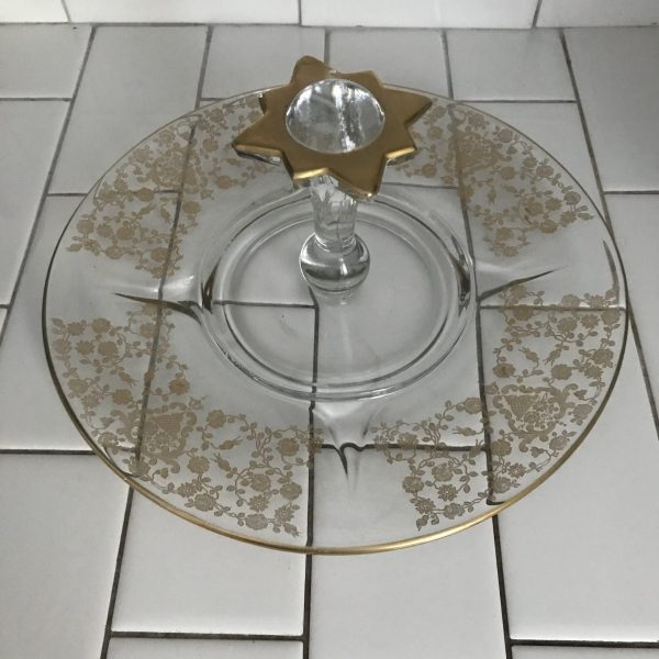 Vintage Art Deco Cookie Snack Tray gold overlay clear glass star shaped top handle gold trimmed farmhouse collectible display