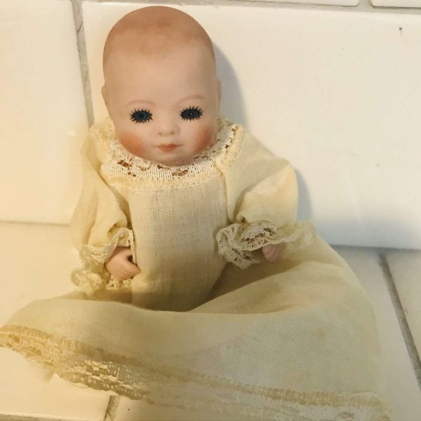 Vintage Baby Doll Miniature Bisque Laurine Brock 11974 blue glass eyes signed baby hand decorated collectible display with clothing