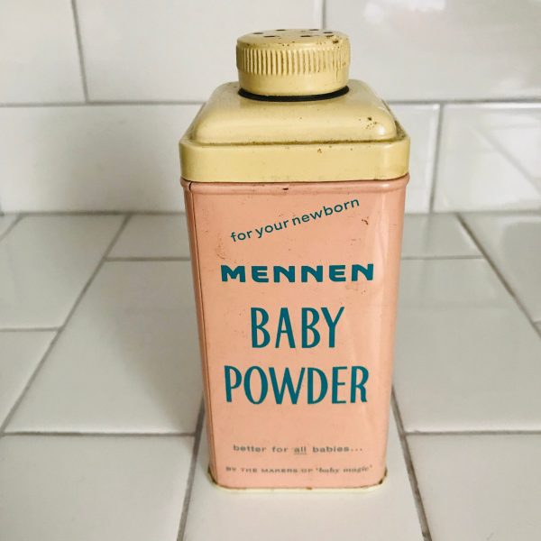 Vintage Baby Powder Tin Can Unused Mennen brand 9 oz metal shaker top collectible display farmhouse salon cottage bathroom vanity