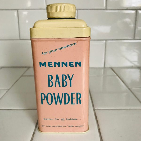 Vintage Baby Powder Tin Can Unused Mennen brand 9 oz metal shaker top collectible display farmhouse salon cottage bathroom vanity