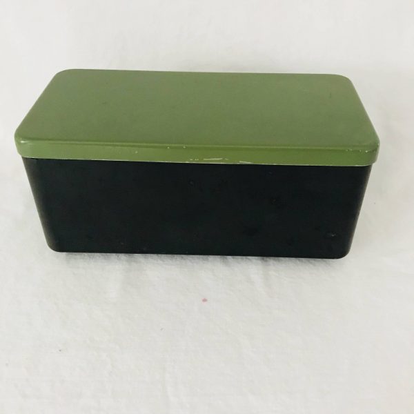 Vintage Bakelite Box Swiss made black with green metal lid bakelite tested storage box bin collectible display sewing oil can storage