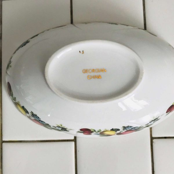 Vintage Beautiful pin trinket soap dish Georgian China Fruit and flower pattern oval gold trimmed top fine bone china collectible display
