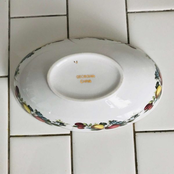 Vintage Beautiful pin trinket soap dish Georgian China Fruit and flower pattern oval gold trimmed top fine bone china collectible display
