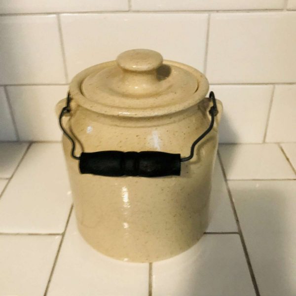 Vintage Beige Crock with handle grease jar Small Size collectible display primitive rustic farmhouse pottery hand crafted signed by maker