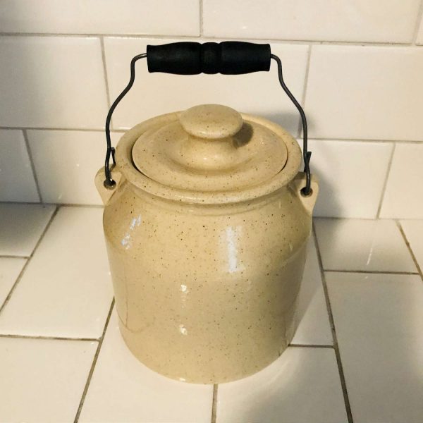 Vintage Beige Crock with handle grease jar Small Size collectible display primitive rustic farmhouse pottery hand crafted signed by maker