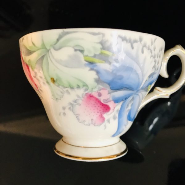 Vintage Bell England tea cup and saucer Pink and Blue Orchids Fine bone china  gold trim farmhouse collectible display bridal cottage