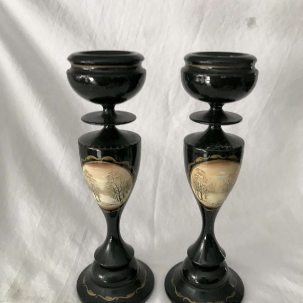 Vintage black lacquer pair of candlestick holders Ukraine gold trimmed hand painted tree landscape scene farmhouse lodge collectible display