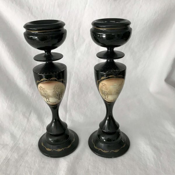 Vintage black lacquer pair of candlestick holders Ukraine gold trimmed hand painted tree landscape scene farmhouse lodge collectible display