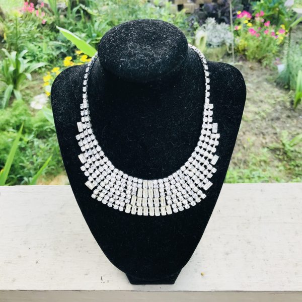 Vintage Bling Bib Necklace Rhinestones with adjustable length hook closure Rhodium plated back Collectible Wedding Clubbing Special Event