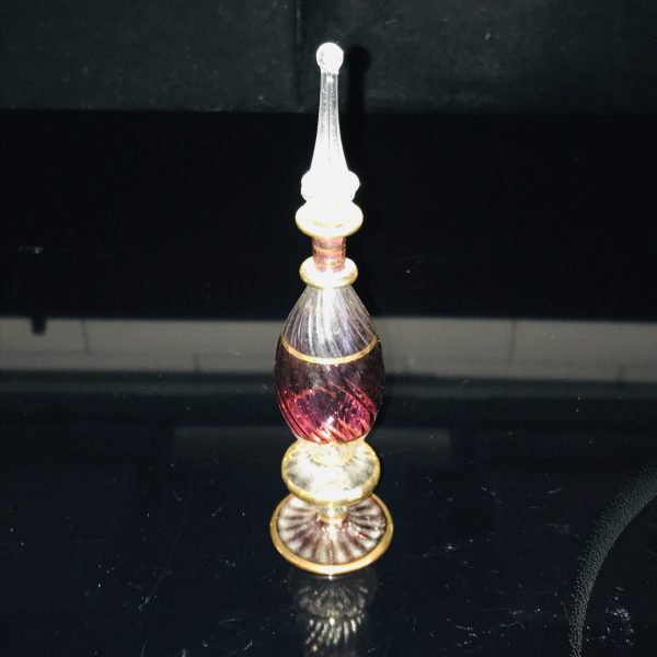 Vintage Blown Glass Perfume bottle Egypt Long glass dabber cranberry color swirl pattern collectible vanity bathroom dresser display