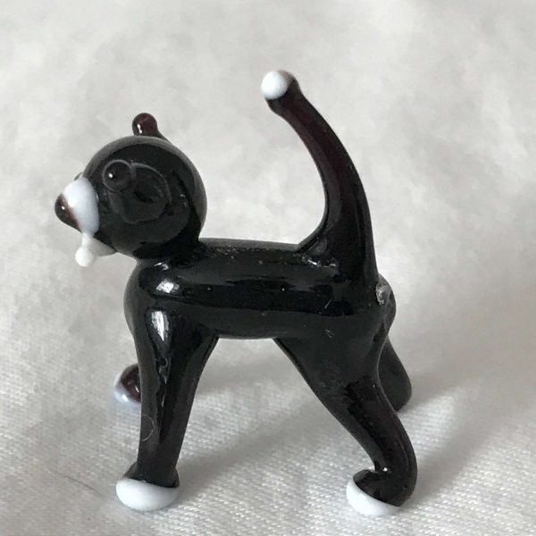 Vintage Blown Glass Tiny black and white Cat Kitten with white whiskers & Paws hand made collectible figurine display