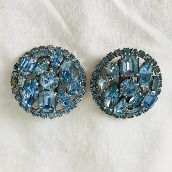 Vintage Blue Round Clip Earrings Rhinestone Weiss signed rhodium plated 1940's collectible wedding special event clubbing bling