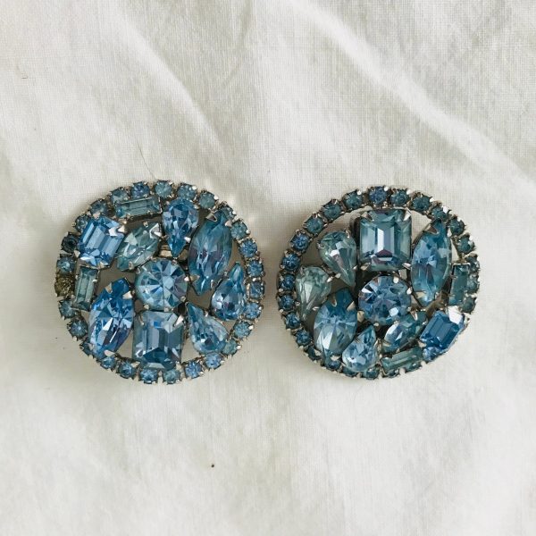 Vintage Blue Round Clip Earrings Rhinestone Weiss signed rhodium plated 1940's collectible wedding special event clubbing bling
