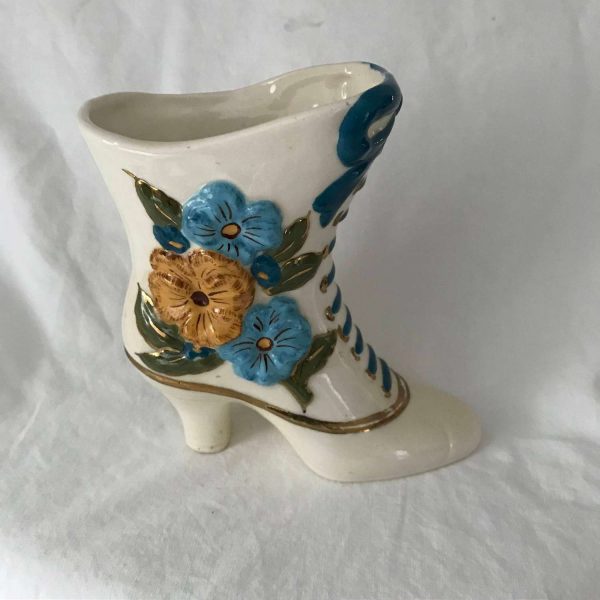 Vintage Boot Shoe Collectible Decor Floral side with laces and bowl Mid Century Japan