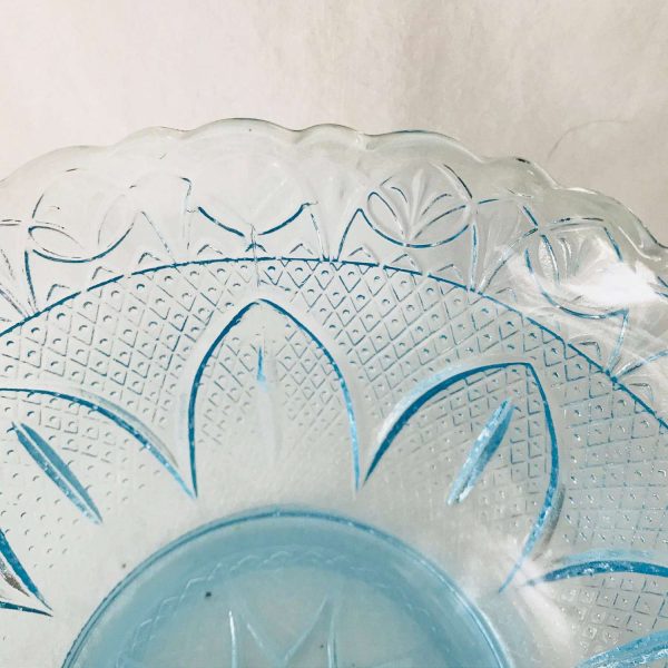 Vintage Bowl Beautiful Ice Blue Decorative Serving Dining Farmhouse Collectible Display Ornate pattern Floral pattern trimmed scalloped rim
