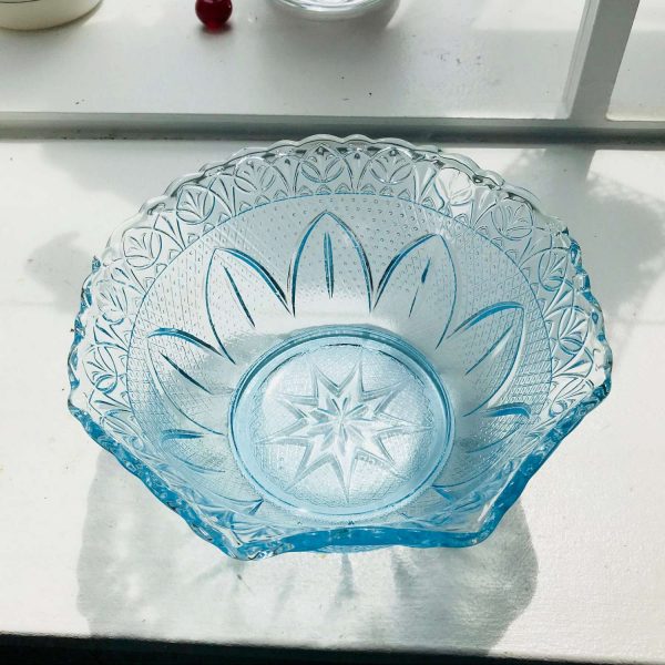 Vintage Bowl Beautiful Ice Blue Decorative Serving Dining Farmhouse Collectible Display Ornate pattern Floral pattern trimmed scalloped rim