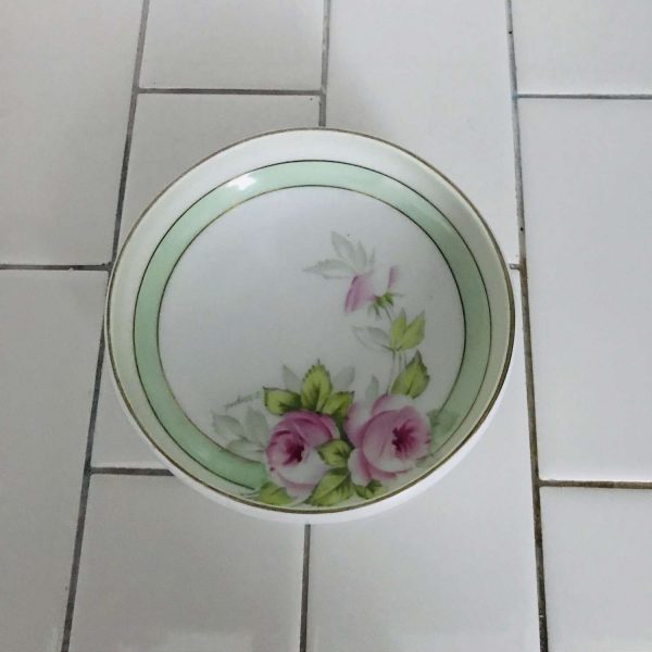 Vintage bowl footed trinket soup dish Hand painted Bavaria signed collectible display farmhouse kitchen cabbage rose footed bowl Germany