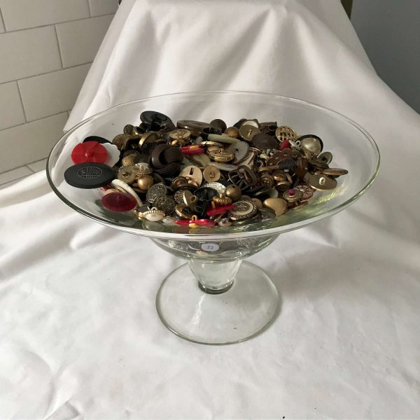 Vintage Bowl of Buttons Vintage & Antique collectible display farmhouse sewing notions Large wide rim clear glass pedestal bowl