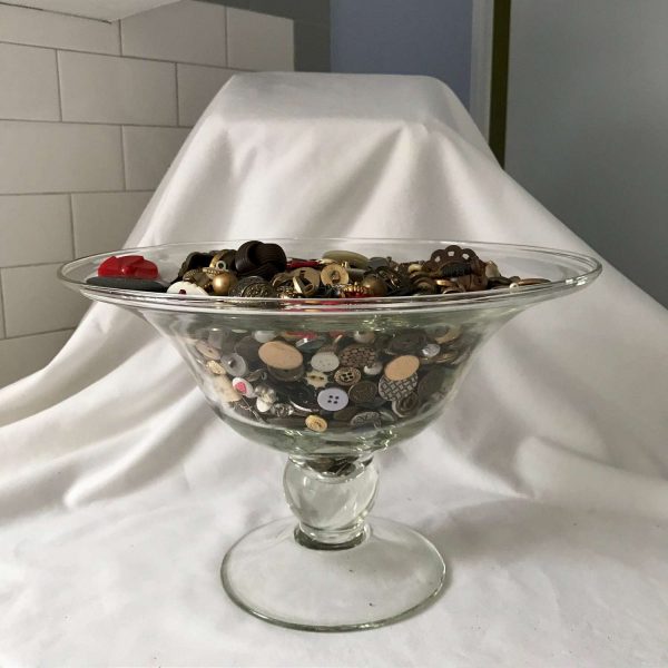 Vintage Bowl of Buttons Vintage & Antique collectible display farmhouse sewing notions Large wide rim clear glass pedestal bowl