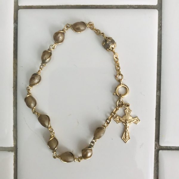 Vintage Bracelet seed pearls and gold tone chain with cross charm marked Japan vintage jewelry