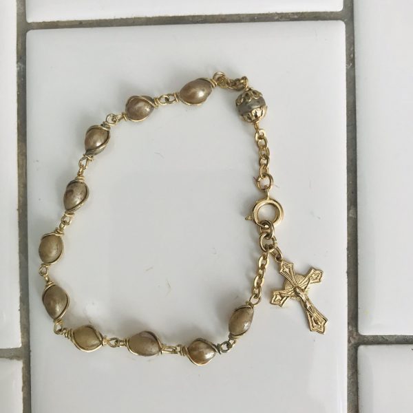 Vintage Bracelet seed pearls and gold tone chain with cross charm marked Japan vintage jewelry