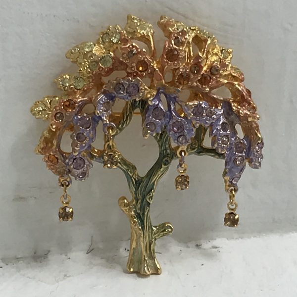 Vintage Brooch Graziano Tree of Life Rainbow colors with 4 topaz hanging stones green into lavender into orange into yellow Stunning Pin