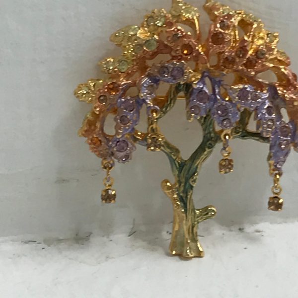 Vintage Brooch Graziano Tree of Life Rainbow colors with 4 topaz hanging stones green into lavender into orange into yellow Stunning Pin