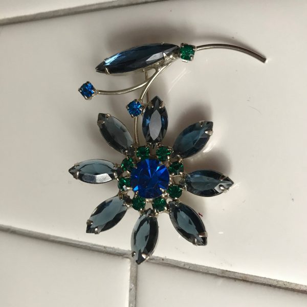 Vintage Brooch Large Rhinestone Flower blue and green rhinestones set in silver