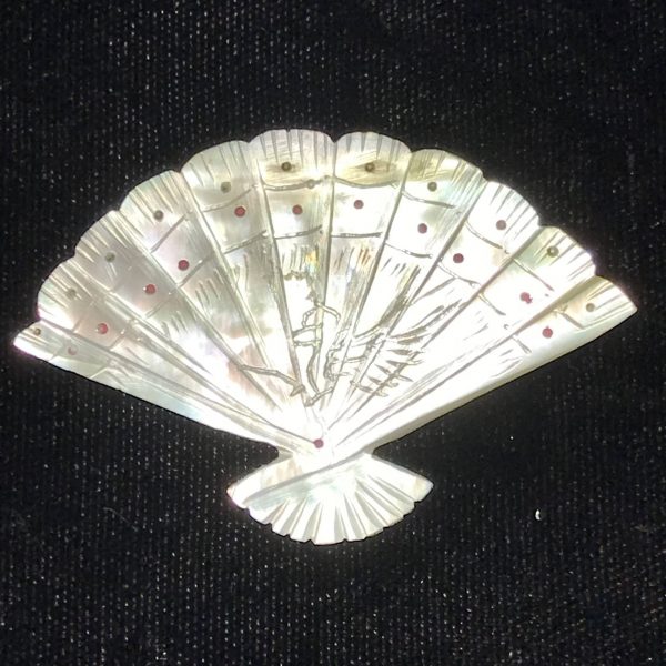 Vintage Brooch Shell Fan pin etched detail bird with red and green dots across the top