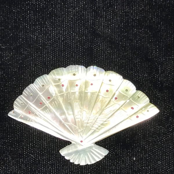 Vintage Brooch Shell Fan pin etched detail bird with red and green dots across the top