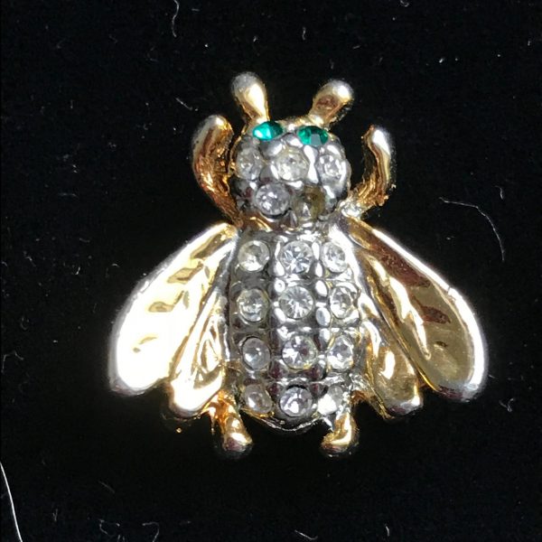 Vintage Bumble Bee Rhinestone Lapel pin brooch green rhinestone eyes Silver and Gold
