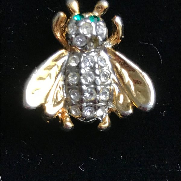 Vintage Bumble Bee Rhinestone Lapel pin brooch green rhinestone eyes Silver and Gold