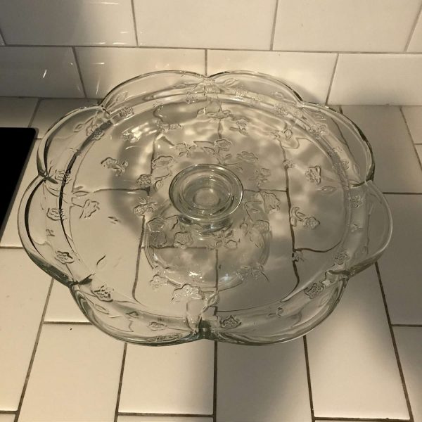 Vintage Cake Stand footed cake plate Clear glass tear drop pattern scalloped rim farmhouse cottage collectible display raised floral pattern