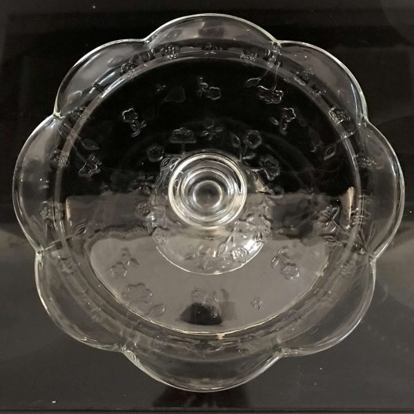 Vintage Cake Stand footed cake plate Clear glass tear drop pattern scalloped rim farmhouse cottage collectible display raised floral pattern