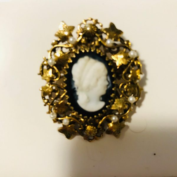 Vintage Cameo Pin Brooch Victorian style gold leaves with tiny pearls ornate detail collectible vintage jewelry