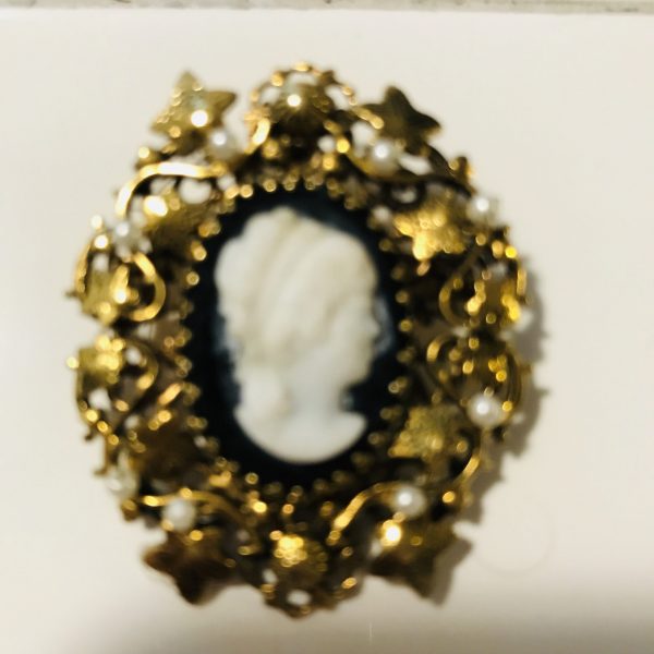 Vintage Cameo Pin Brooch Victorian style gold leaves with tiny pearls ornate detail collectible vintage jewelry