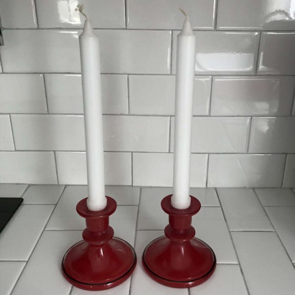 Vintage Candlestick Holders 1930's Art Deco Red & Black collectible bedroom bathroom vanity dresser living room family room retro decor