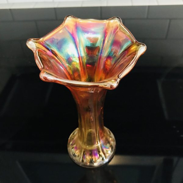 Vintage Carnival Glass Vase paneled sides marigold iridescent wide rim collectible display farmhouse cottage cabin lodge