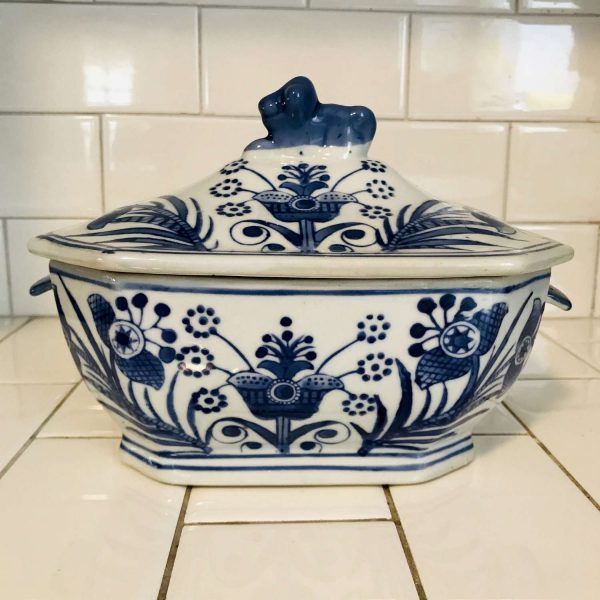Vintage Casserole dish lion finial covered blue and white porcelain kitchen display collectible farmhouse folk art design