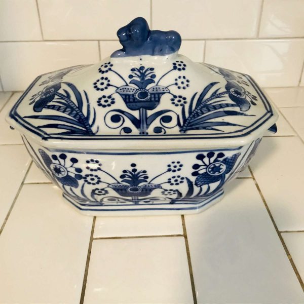 Vintage Casserole dish lion finial covered blue and white porcelain kitchen display collectible farmhouse folk art design