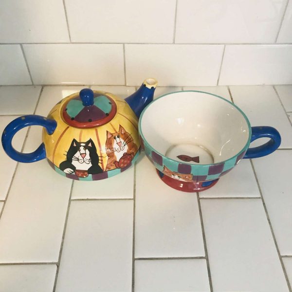 Vintage Catzilla Cat 3 piece Teapot Cats having coffee fish in bottom of cup checked  collectible display Candace Reiter crazy cat lady