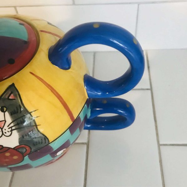 Vintage Catzilla Cat 3 piece Teapot Cats having coffee fish in bottom of cup checked  collectible display Candace Reiter crazy cat lady