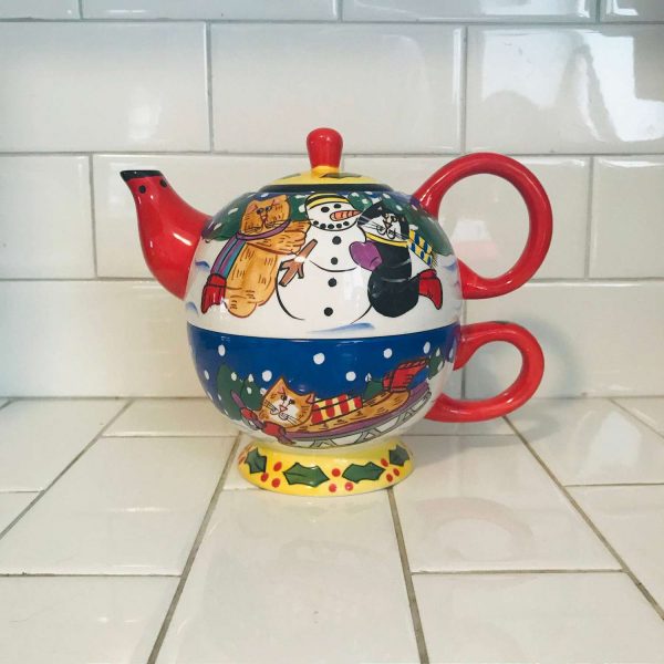 Vintage Catzilla Cat 3 piece Teapot Christmas snowman cats with mittens snow red green collectible display Candace Reiter crazy cat lady
