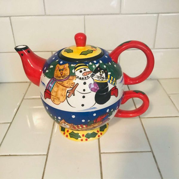 Vintage Catzilla Cat 3 piece Teapot Christmas snowman cats with mittens snow red green collectible display Candace Reiter crazy cat lady
