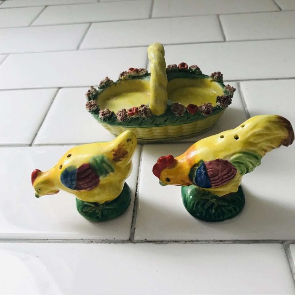 Vintage Chicken and rooster in an aqua basket with flower edges Salt & Pepper Shakers farmhouse cabin collectible display retro kitchen