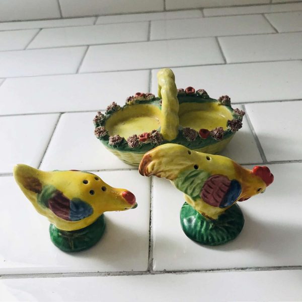 Vintage Chicken and rooster in an aqua basket with flower edges Salt & Pepper Shakers farmhouse cabin collectible display retro kitchen